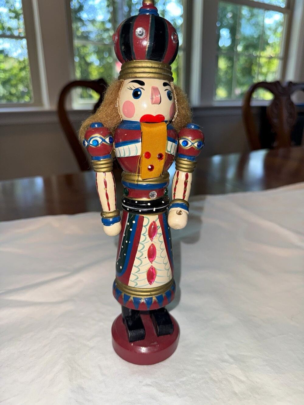 Wood Hand Painted Christmas Nutcracker Queen Figurine Crown Hat Red Blue Gold